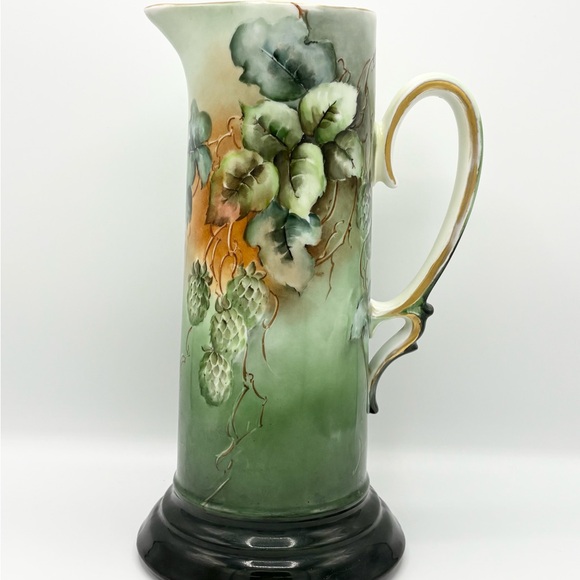 LeTarg Hand Painted Limoges Tankard Pitcher Green Gold Floral Antique France